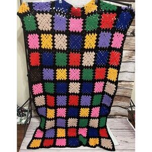 Vtg Granny Square Handmade Crochet Afghan Throw Lap Blanket  Roseanne 78”x50”